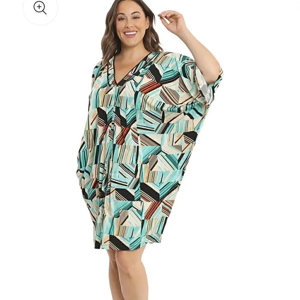 London Times Curve Corinne Geometric V-Neck Kaftan Dress Large